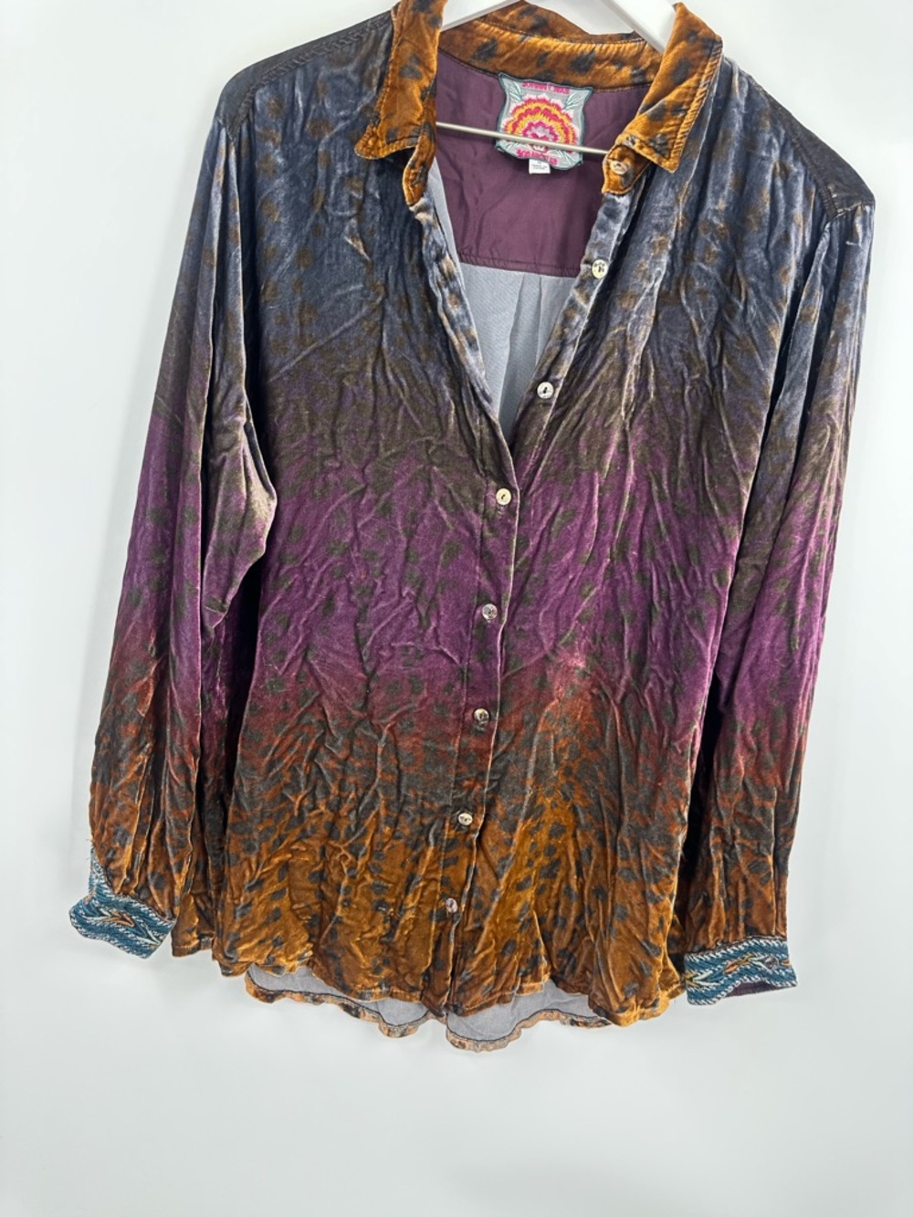 Johnny Was Ombre Cheetah Velvet Oversized Button Up Shirt Size Medium Boho - Picture 6 of 11